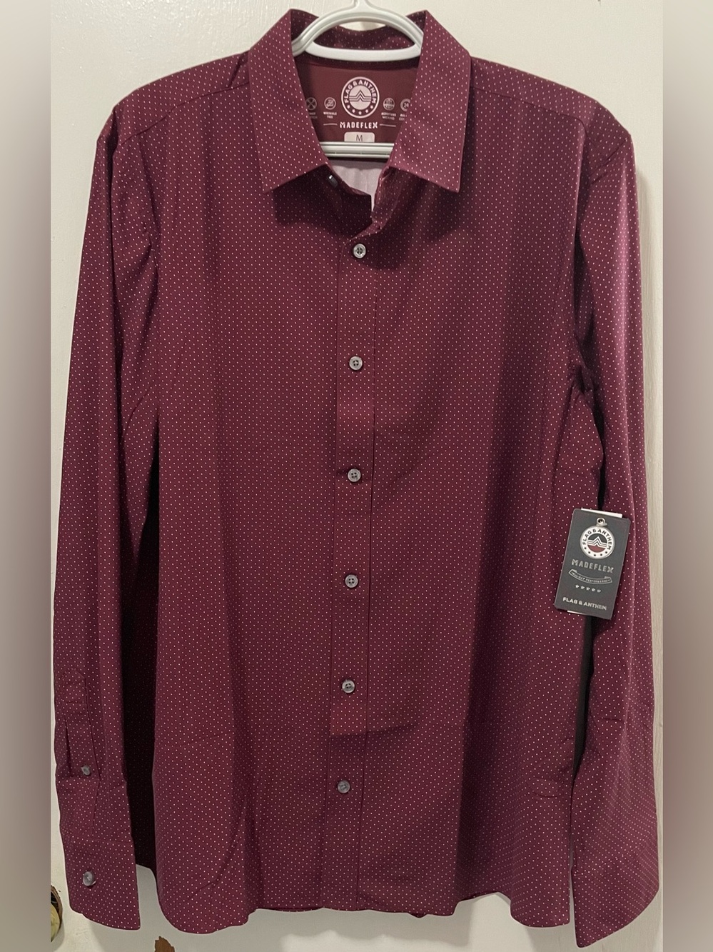 Flag & Anthem MadeFlex Mens Maroon White Dots Long Sleeve Button Up Shirt Medium